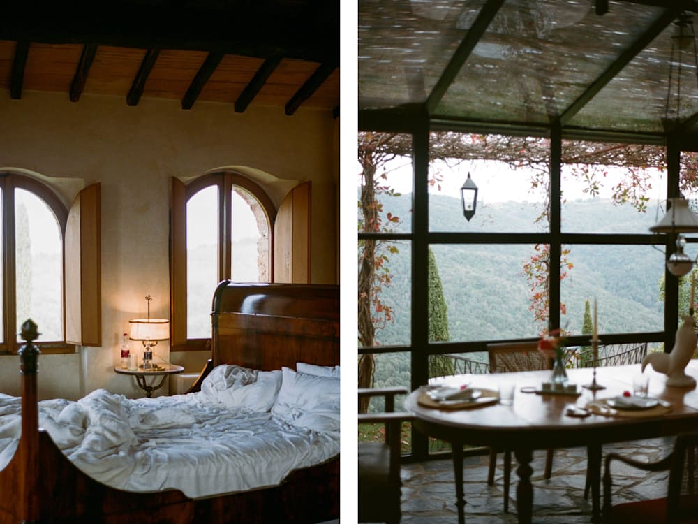 Bedroom and terrace seating at Castello di Vicarello | Mr & Mrs Smith