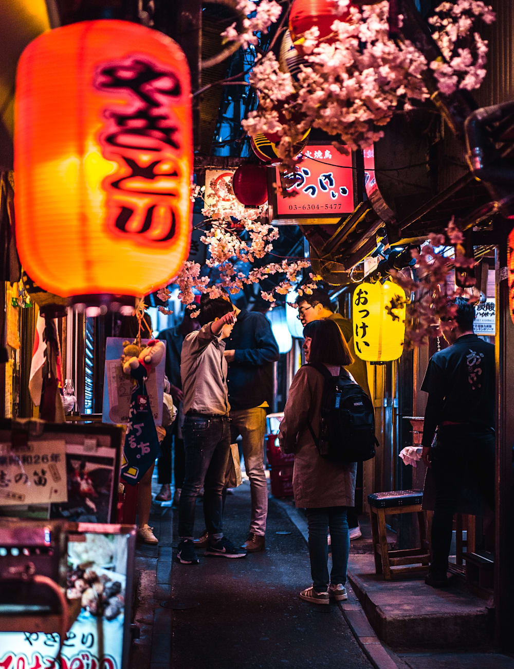 Streets of Tokyo with hanging lanterns and cherry blossom