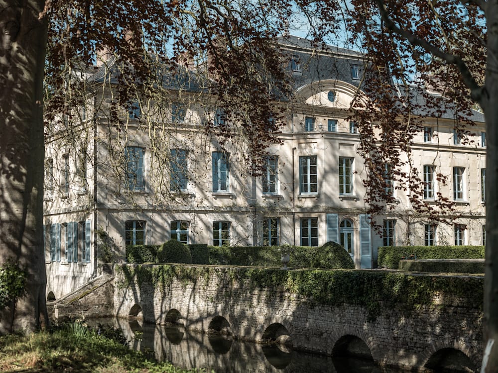 Exterior of the chateau in the dappled sunlight looking through the trees. There is a bridge covered in ivy and moss to walk over to get to the grand white building.