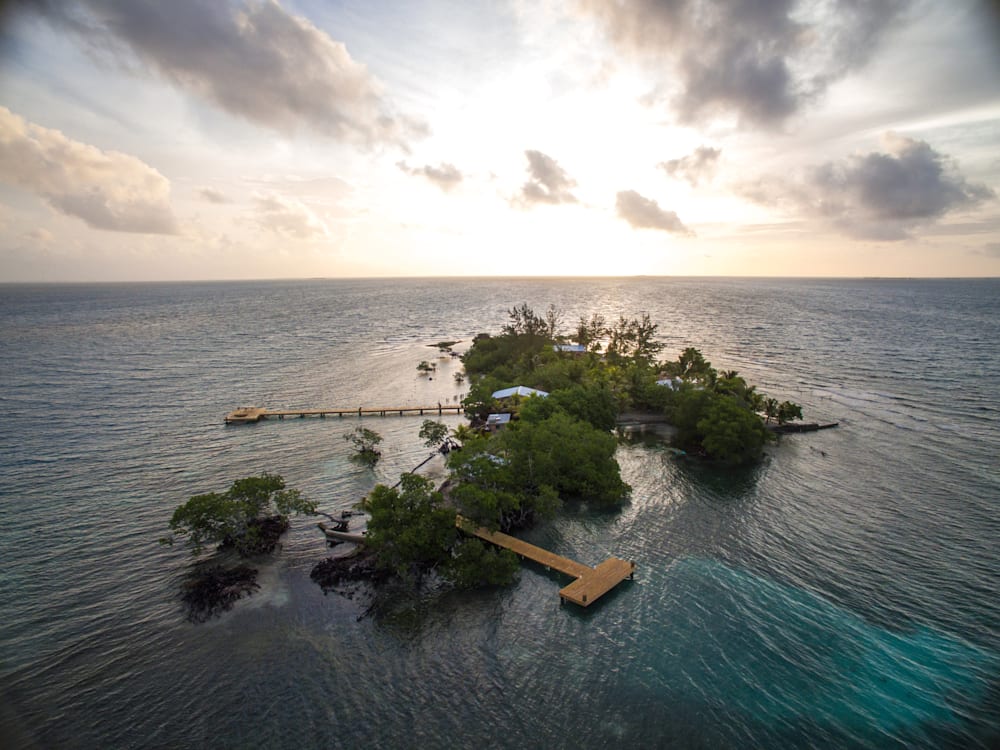 Aerial view of the private island surrounded by deep blue waters. Wooden jetties show the entry ways in-between the dense trees and flora.