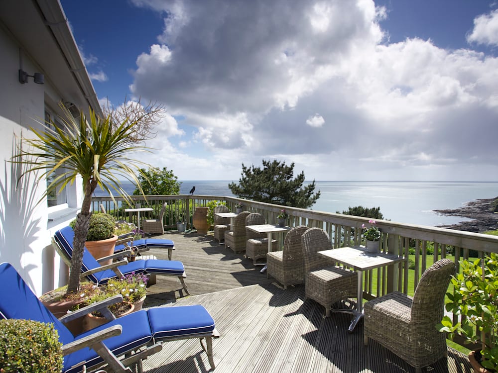 Terrace overlooking the sea at Driftwood hotel, Cornwall