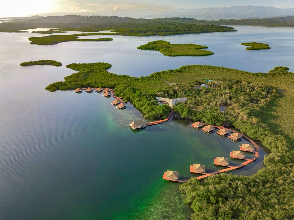 Stilted villas atop Isla Colón’s Caribbean shores