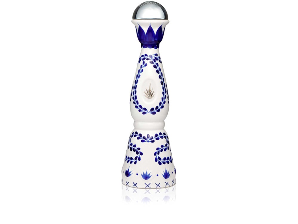 Ceramic tequila bottle with a blue and white pattern design