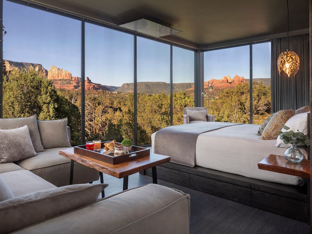 Bedroom with mountain and forest views