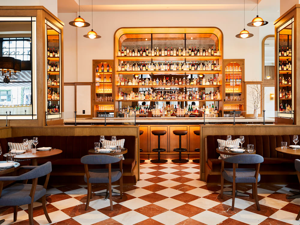 Checkerboard flooring in restaurant at Shinola hotel in Detroit