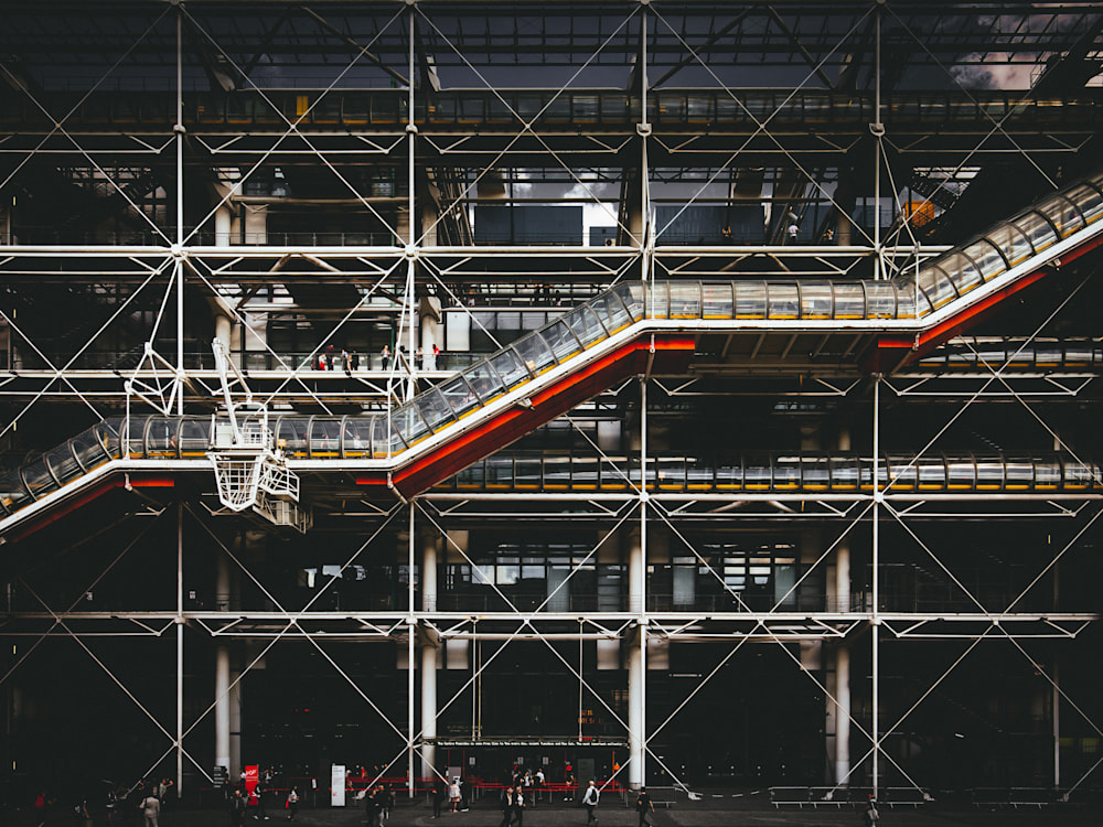 Exterior of gallery space in Paris with large staircase structure