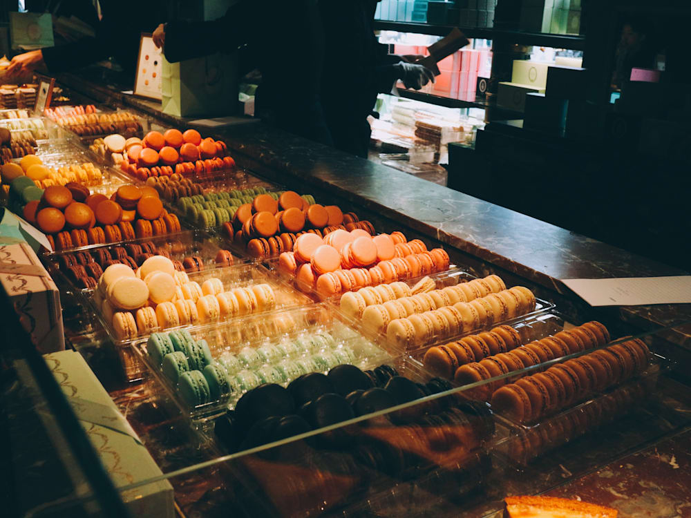 Colourful macarons in shop in Paris