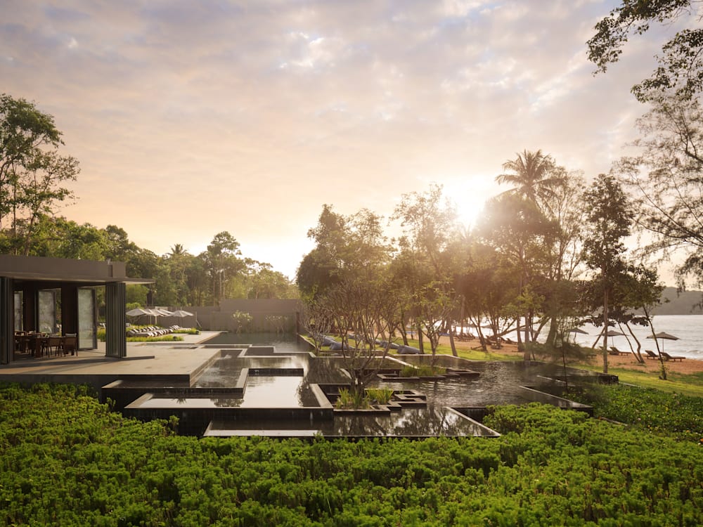 Swimming pool surrounded by flora looking out to the beach and the sea. The sun is setting over the tops of the tropical trees.