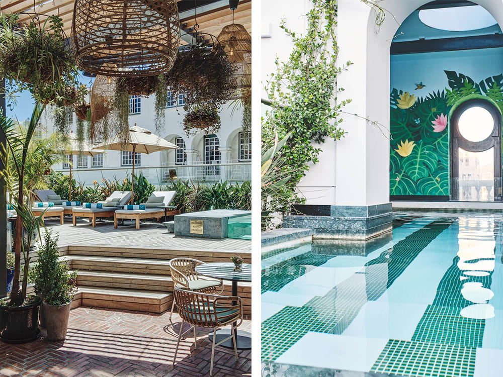 Two photographs of the rooftop pool, one with a view of the terrace and sun loungers surrounded by plants and the other of the crystal clear waters and ornate archway with a window looking out onto the city below