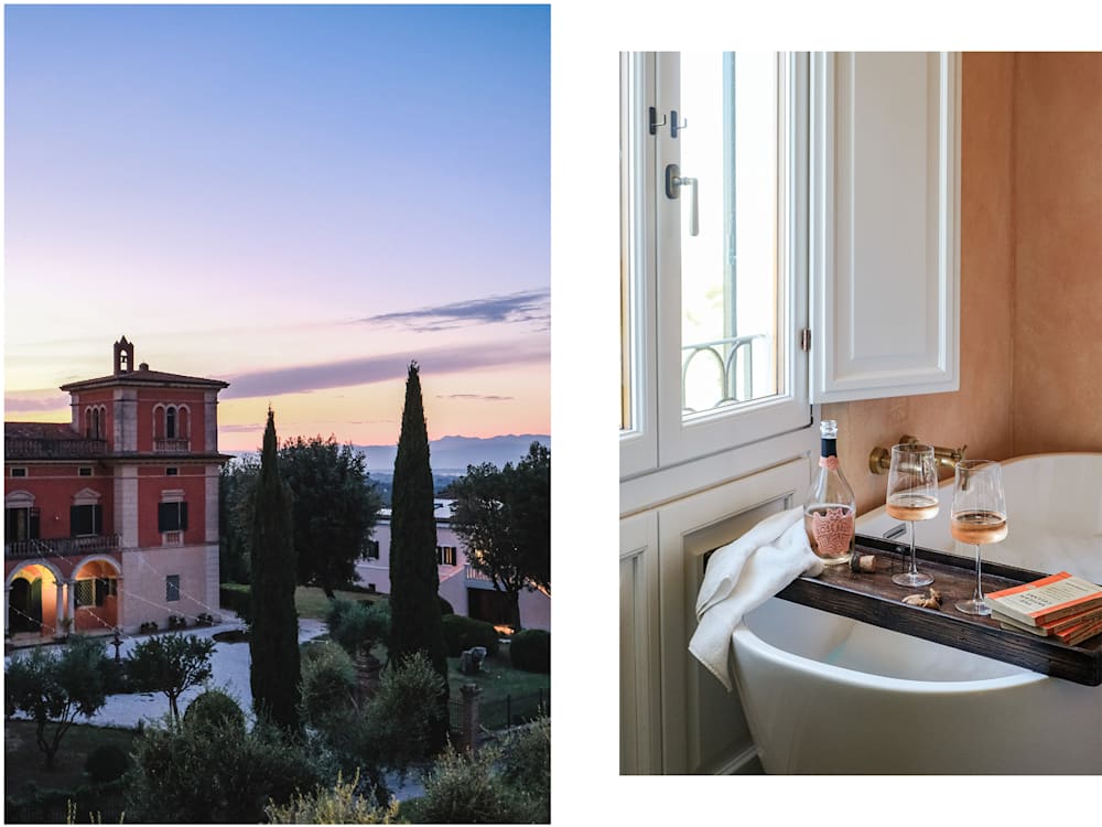 Hotel exterior in the sunset next to an image of the bath and two glasses of rosé